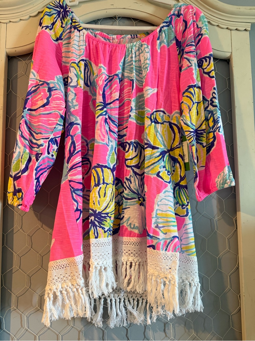 Lilly Pulitzer Pink Floral Off-Shoulder Dress with White Crochet Fringe